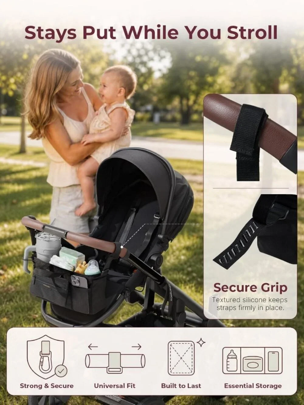 Stroller Organizer with 40 oz Tumbler Holder & Non-Slip Straps for Moms